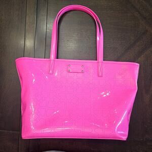 Kate Spade Harmony Metro Perforated Heart Tote Bag Hot Pink Patent Poly Vinyl